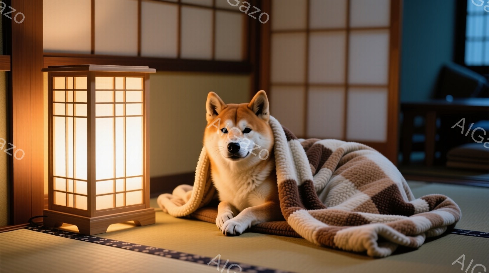 畳の上に、毛布にくるまれた柴犬が横たわっています。犬はリラックスした表情で、落ち着いた雰囲気です。背景には和風の提灯と家具があり、温かい光が室内を照らしています。 - AI生成フリー素材