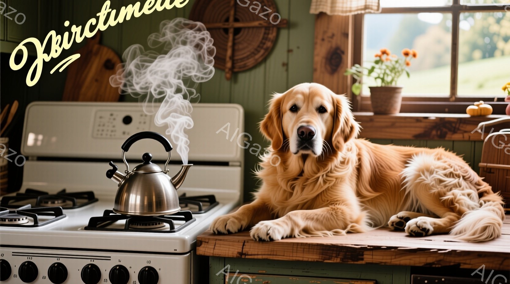 ゴールデンレトリバーがキッチンカウンターの上で横たわっており、背景には湯気を立てるケトルがあります。暖炉の壁や窓から見える緑豊かな自然が、温かく穏やかな家庭的な雰囲気を醸し出しています。犬はリラックス - AI生成フリー素材