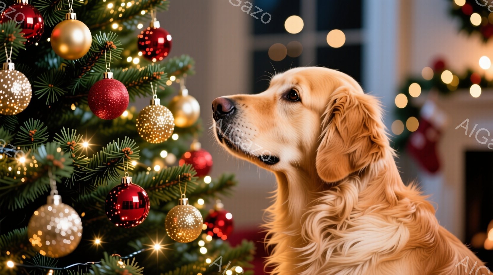 黄金色のレトリバーがクリスマスツリーの前に座り、何かを見つめています。ツリーには赤や金のオーナメントが飾られ、背景にはぼんやりとした暖炉と光のぼやけが見えます。全体的に温かく、お祝いムードに満ちた雰囲気です。