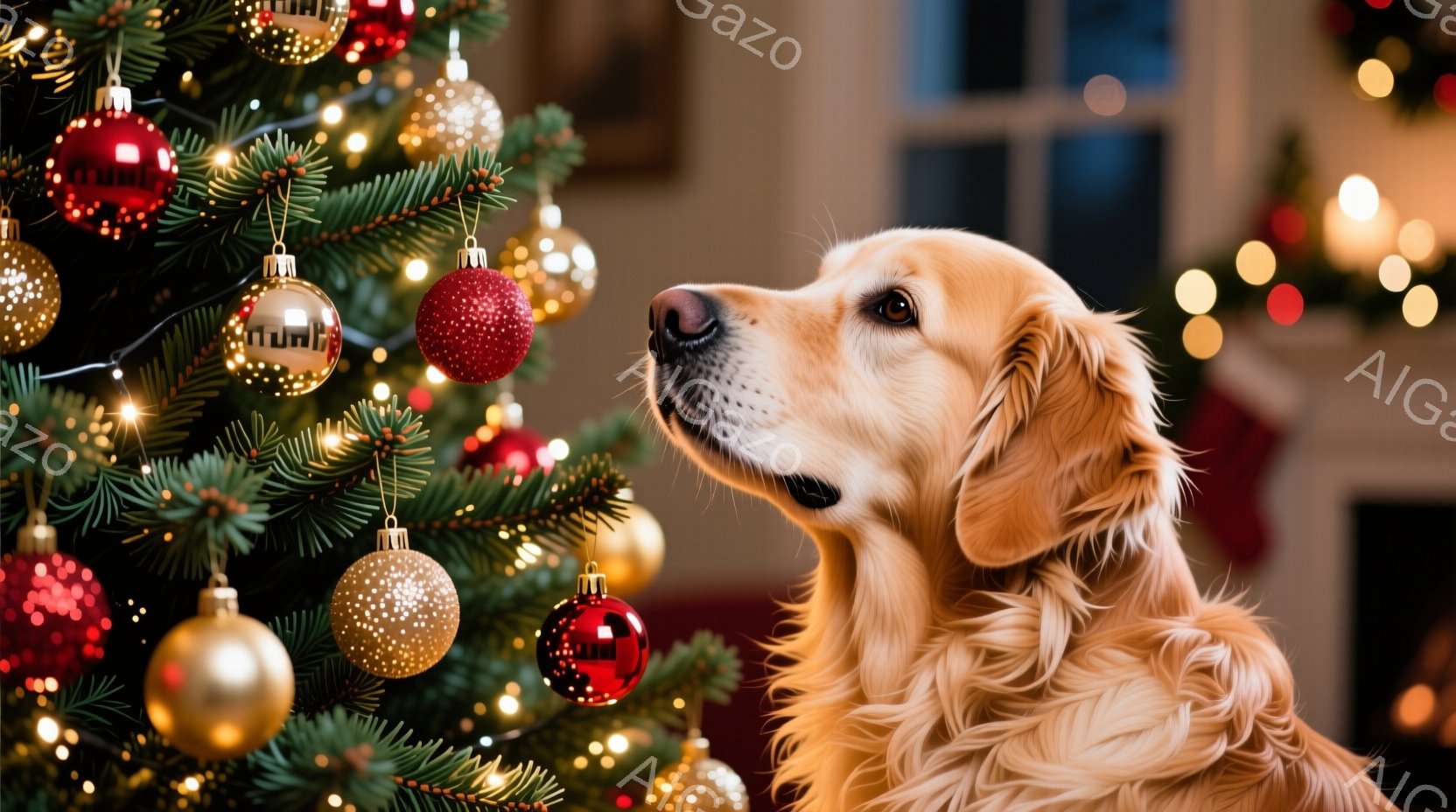 ゴールデンレトリバーがクリスマスツリーを見上げている姿が捉えられています。ツリーは赤、金、銀のオーナメントで飾られ、暖かい光で照らされています。背景はぼやけていますが、クリスマスらしい温かく、お祝いの - AI生成フリー素材