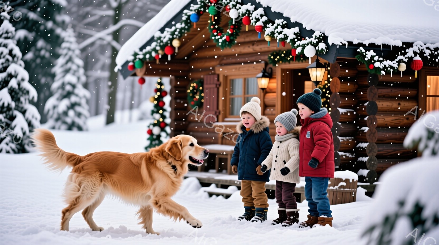雪景色の中で、二人の子供とゴールデンレトリバーが写っています。子供たちは冬用の厚手のコートを着ており、一人は青色の、もう一人は赤色のコートを着ています。背景には、クリスマス装飾が施されたログハウスがあ - AI生成フリー素材