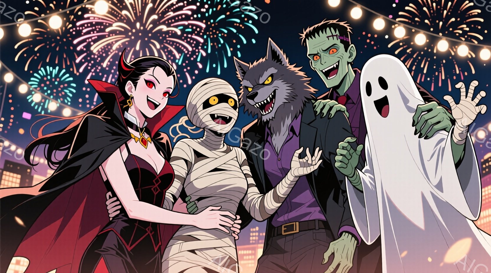 ヴァンパイア、ミイラ、狼男、幽霊が肩を組んで写っています。ヴァンパイアは赤いドレスと黒いマントを身につけ、長い黒髪をなびかせ、微笑んでいます。背景には、夜の街並みと花火が咲き乱れ、お祭りのような華やかな雰囲気が漂っています。