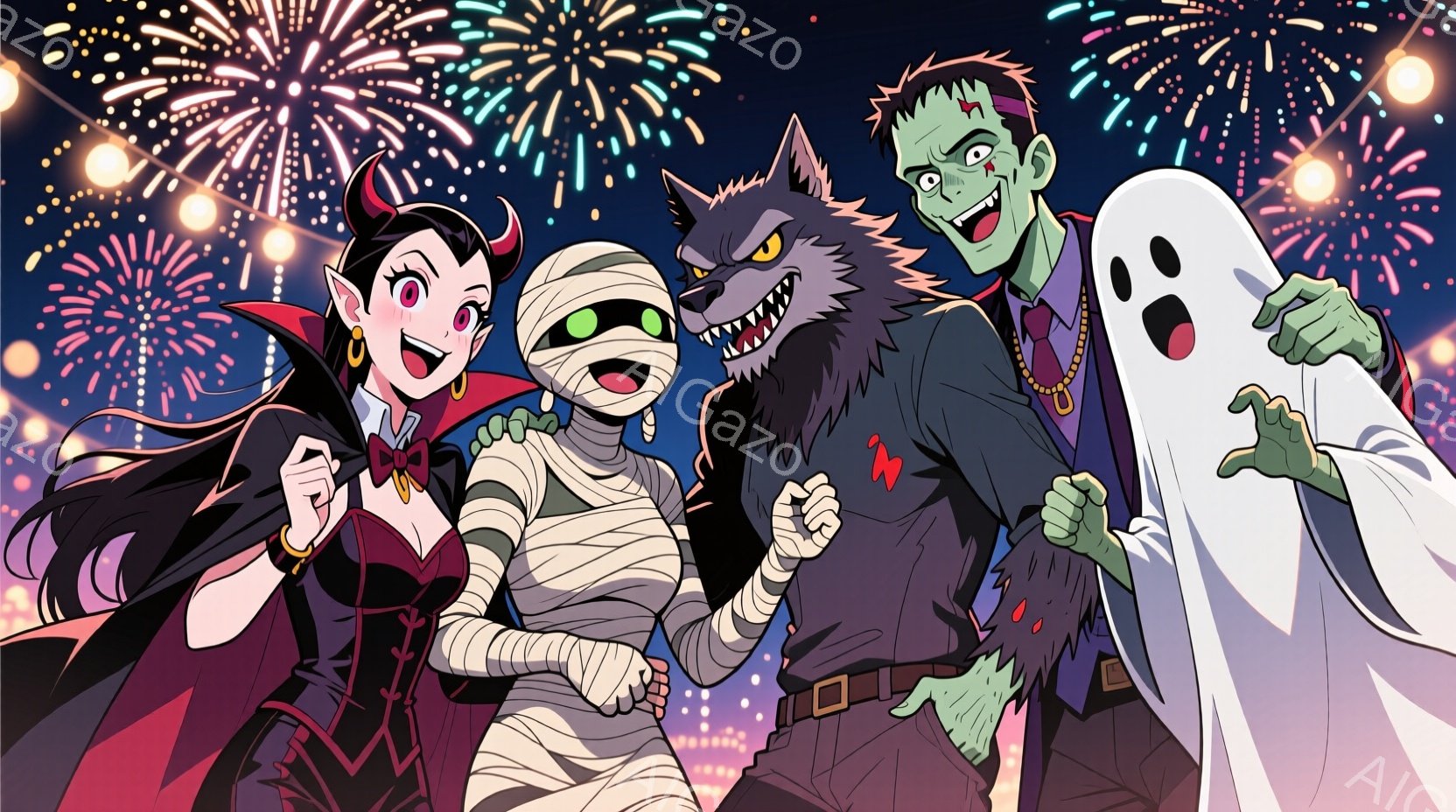 吸血鬼の女性は、赤いドレスと黒いマントを身につけ、長い黒髪をなびかせています。ミイラは全身を包帯で覆われ、狼男は毛むくじゃらの姿で鋭い牙をむき出し、フランケンシュタインは緑色の肌とボルトの首で、楽しそ - AI生成フリー素材