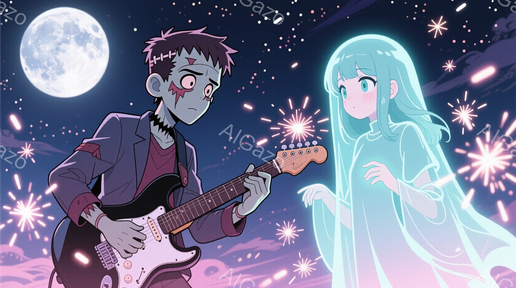 フランケンシュタイン風の少年が電気ギターを弾いており、少し微笑んでいます。彼の髪型は特徴的な緑色で、服装はダークなトーンのシャツとジャケットです。背景には紫色の雲と輝く星、そして満月が描かれており、少し離れた場所に青い髪の幽霊のような少女が浮かんでいます。