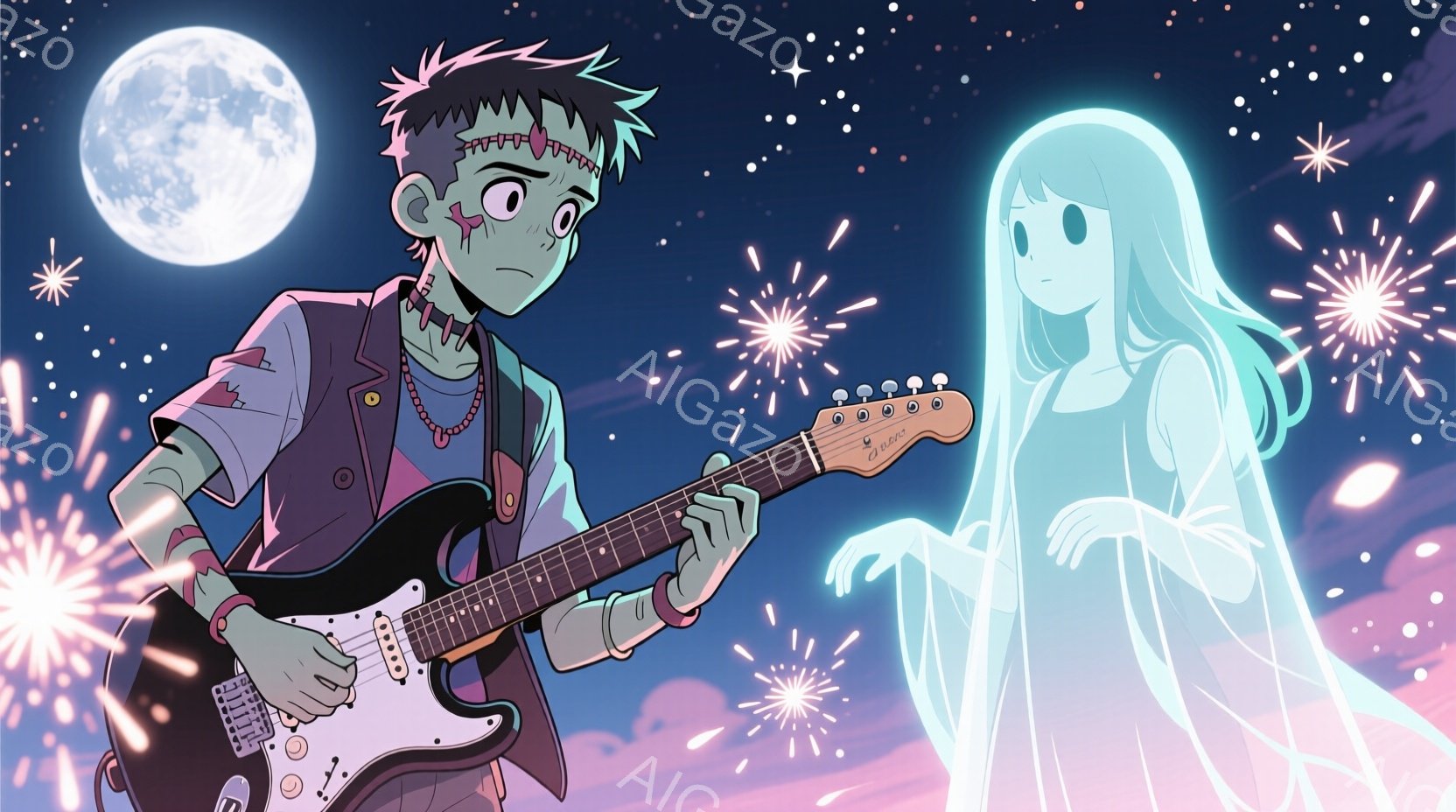 電気ギターを弾くゾンビのような少年と、幽霊のような少女が描かれています。少年はピンク色の髪に縫い目があり、赤いシャツに黒いズボンを着用し、幽霊の少女は青い髪で、透明なドレスを着ています。背景は夜空で、満月と花火が散りばめられており、全体的に少し不気味ながらも幻想的な雰囲気を醸し出しています。