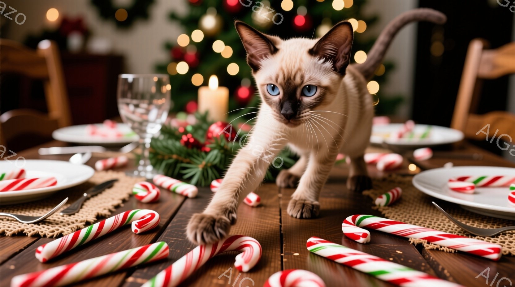 シナモン色の猫がテーブルの上を歩いており、フォーカスが猫の顔と前足に合っています。テーブルには、クリスマスを象徴するキャンディケーンや食器が散らばり、背景にはぼやけたクリスマスツリーと装飾が見えます。 - AI生成フリー素材