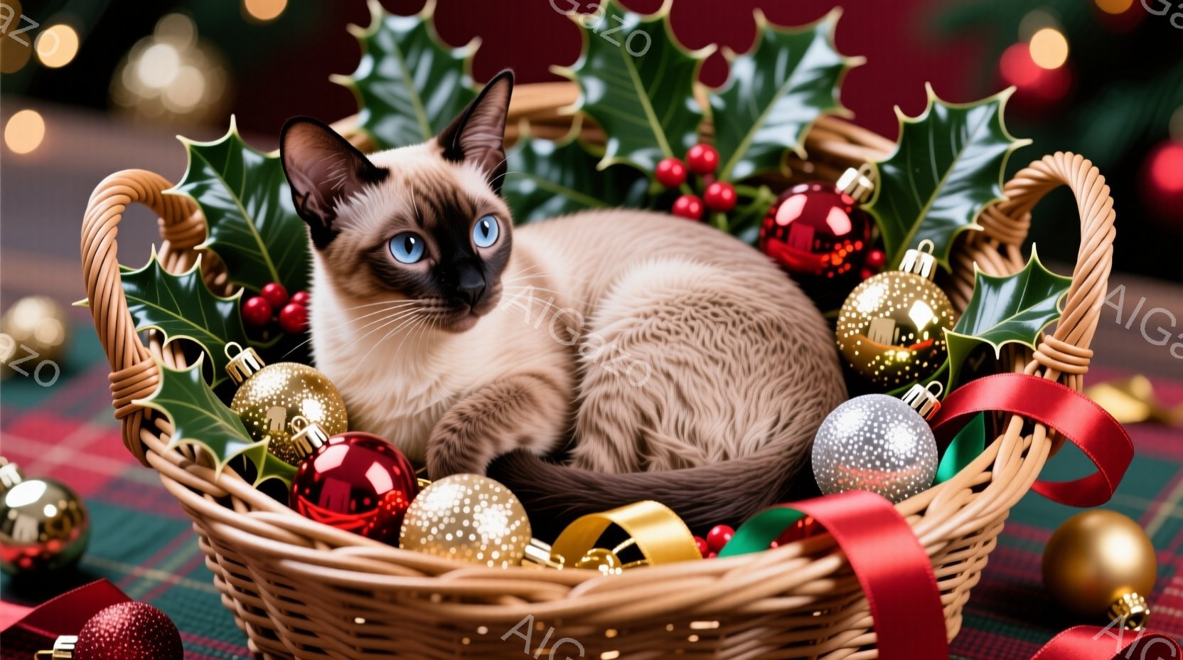 シーマル猫が、クリスマスオーナメントで飾られたバスケットの中に座っています。猫はリラックスした様子で、正面を見つめ、明るい青い目をしています。背景には、赤と緑のチェック柄の布と、ぼんやりとしたクリスマ - AI生成フリー素材