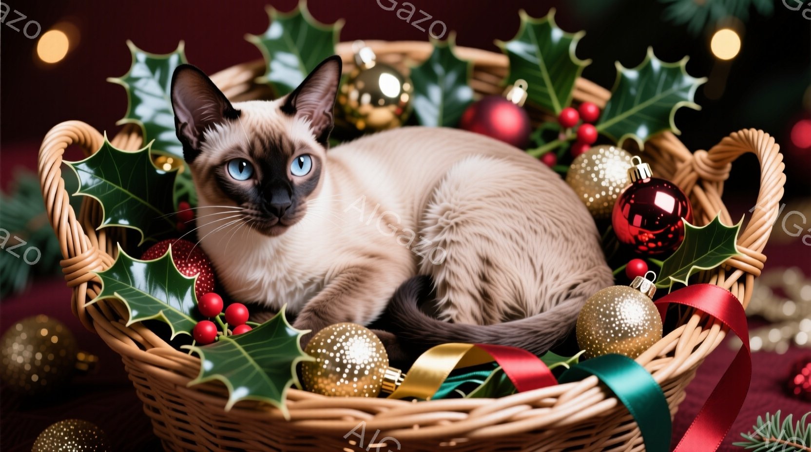 シーマーズの猫が、赤い実と葉で飾られたバスケットの中に横たわっています。猫は明るい青い目をしており、リラックスした表情で、周囲の金色のボールや赤いオーナメントに囲まれています。背景はぼかされており、お祭りや冬の雰囲気を醸し出しています。