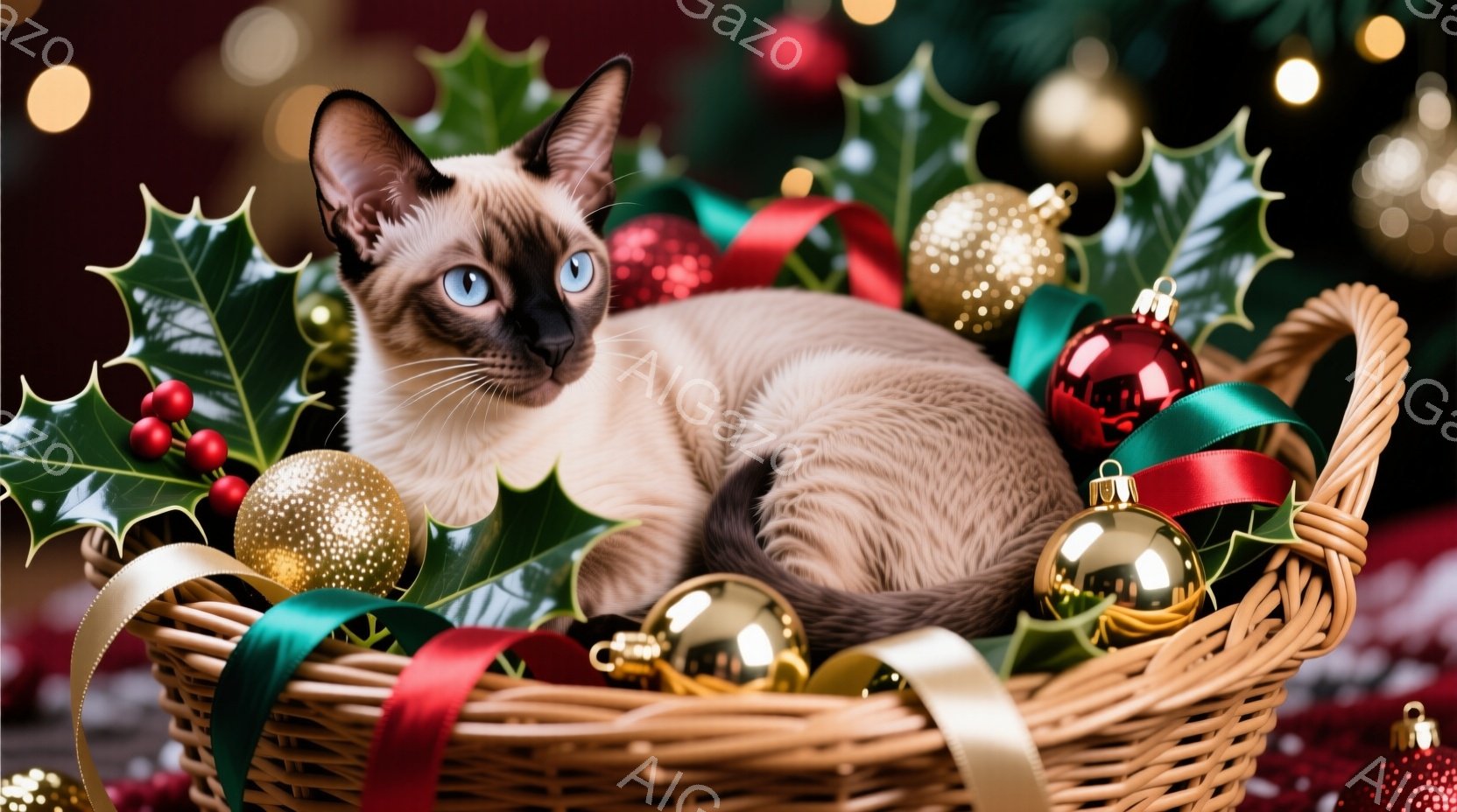 シーマ模様の猫が、クリスマスオーナメントとリボンで飾られた籐のバスケットの中に丸まって座っています。猫は青い目を持ち、リラックスした表情でカメラを見ています。背景にはぼやけたクリスマスツリーの光があり - AI生成フリー素材