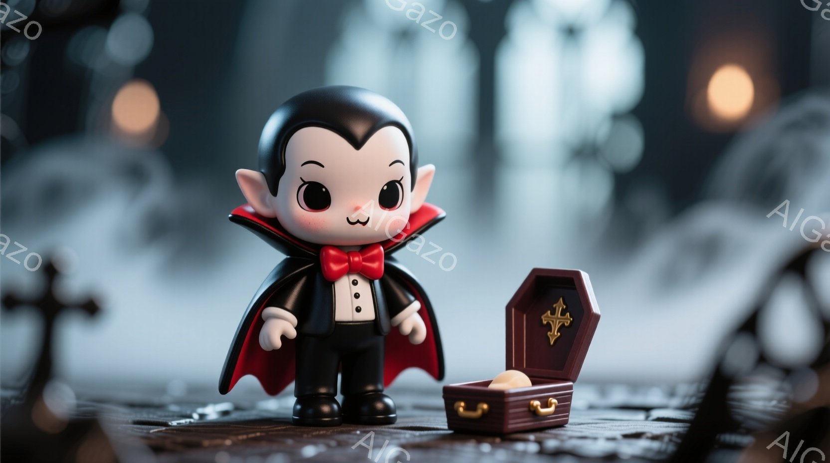 鮮やかな赤いケープと黒いスーツを着た、可愛らしいミニチュアの吸血鬼が立っている。彼は赤い蝶ネクタイを締め、つぶらな瞳で無表情に見つめている。背景には霧が立ち込め、墓石や鉄柵がぼんやりと見え、開いた棺桶 - AI生成フリー素材