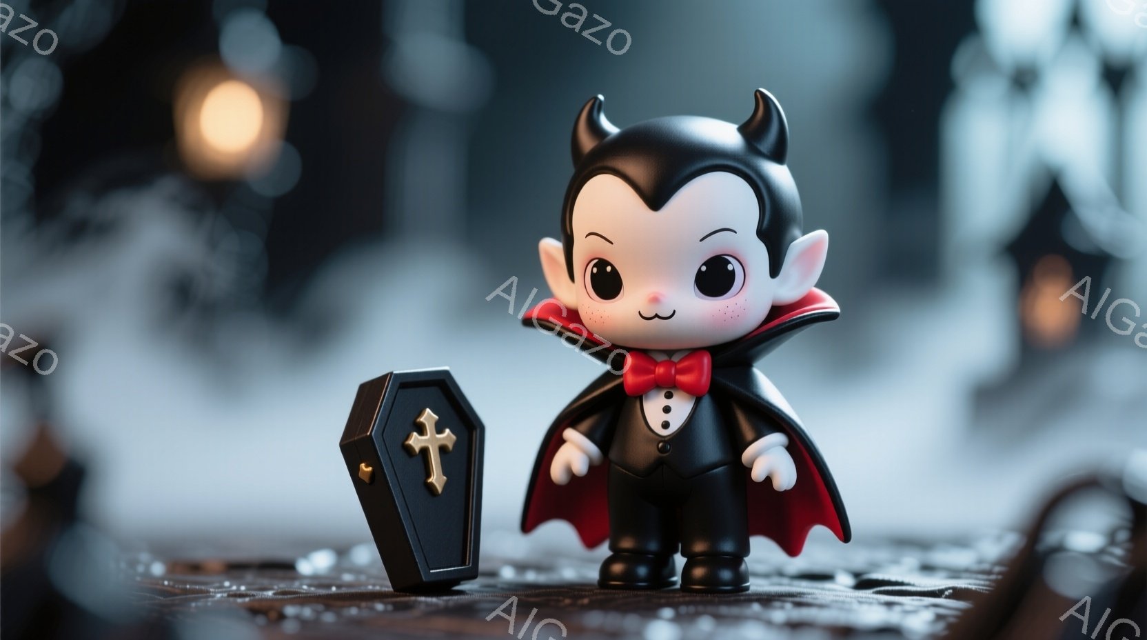 小さな吸血鬼の人形が、小さな墓石の横に立っている。黒いスーツに赤い蝶ネクタイ、マントを羽織り、少し笑っているような愛らしい表情をしている。背景はぼやけた夜の風景で、霧とぼんやりとした光が不気味な雰囲気 - AI生成フリー素材