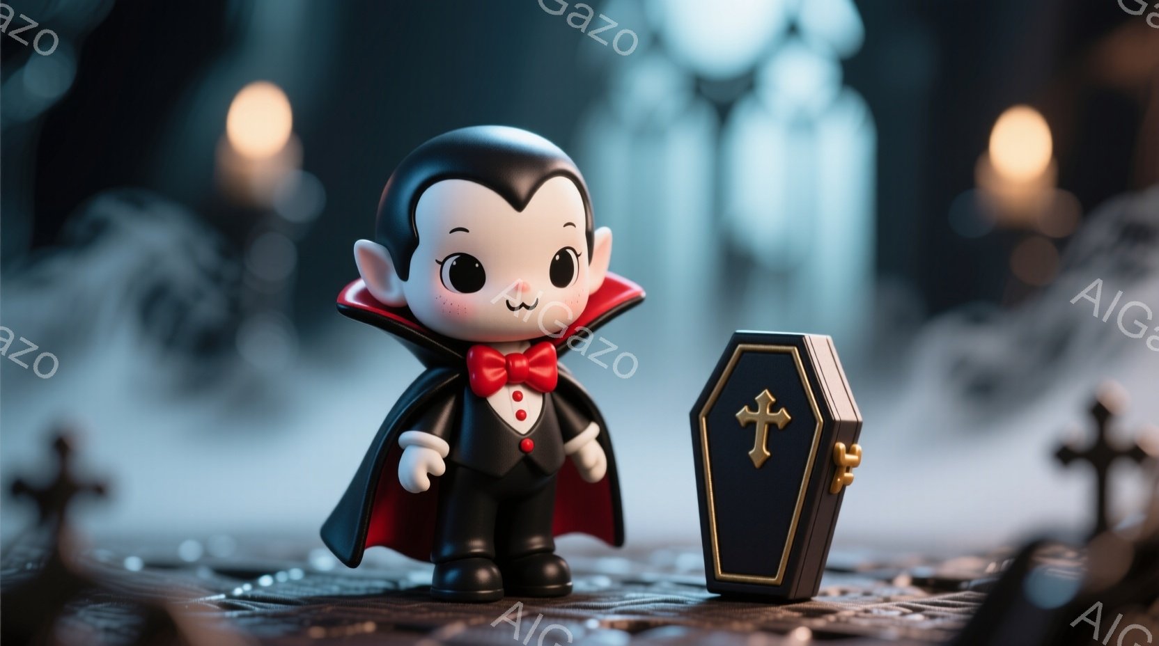 小さな吸血鬼の人形が、黒いスーツと赤いマントを身に着け、赤い蝶ネクタイがアクセントになっています。人形は正面を向き、つぶらな瞳と微笑みを浮かべており、可愛らしい印象を与えます。背景にはぼやけた十字架と建物があり、暗く幻想的な雰囲気を醸し出しています。