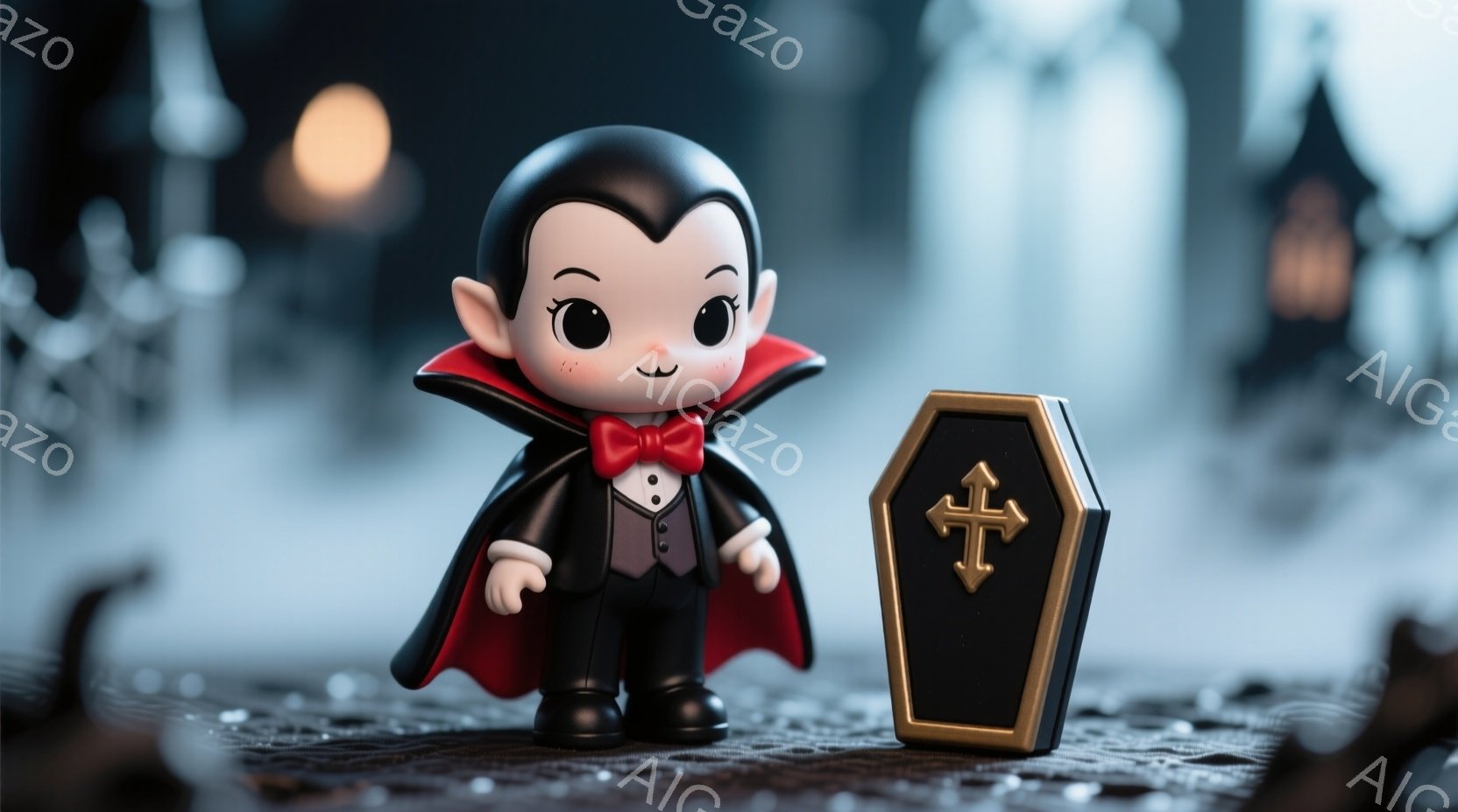 小さな人形が吸血鬼風の衣装を身につけて立っている。黒いタキシードに赤いケープと蝶ネクタイをつけ、つぶらな瞳とわずかな微笑みが特徴的だ。背景にはぼやけた街並みと、人形の隣に置かれた小さな棺桶が映り、ハロ - AI生成フリー素材