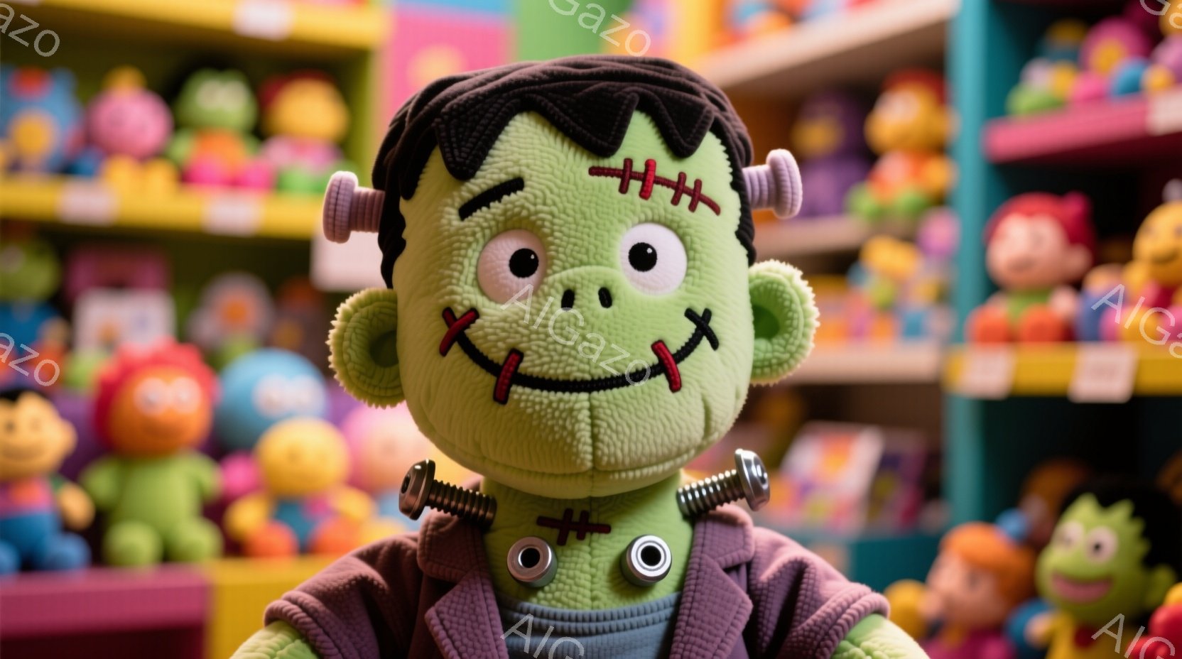 明るい緑色のフランケンシュタインのぬいぐるみです。黒い髪の毛は乱れており、顔には赤い縫い目模様があり、首にはボルトがついています。背景には、様々な色のカラフルなぬいぐるみが並んだ棚があり、明るく楽しい - AI生成フリー素材