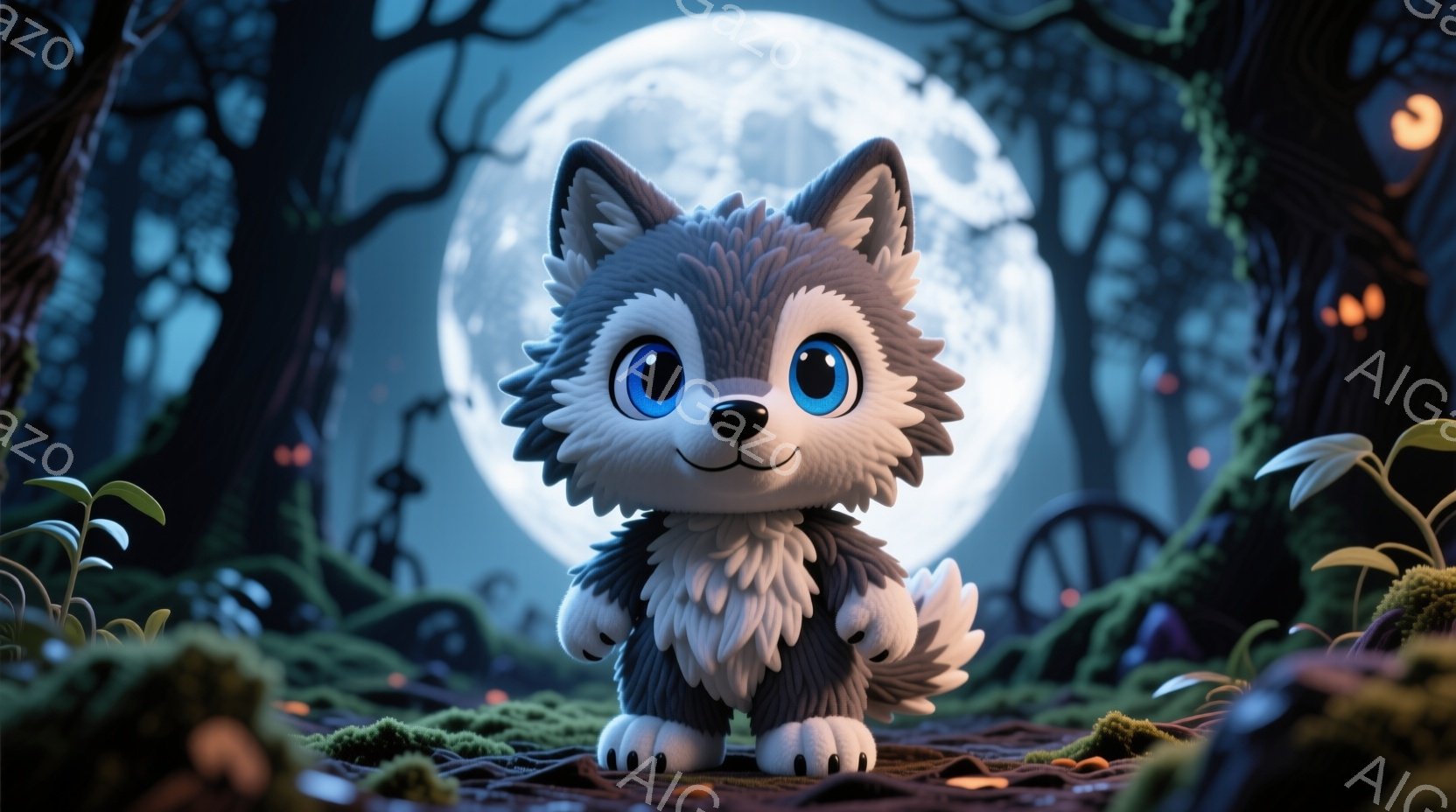 大きな満月を背景に、愛らしい子犬のキャラクターを描いています。子犬は白と灰色の毛並みで、つぶらな青い目を持ち、嬉しそうな表情をしています。周りには苔むした地面やきのこが生い茂り、少し不気味ながらも幻想 - AI生成フリー素材