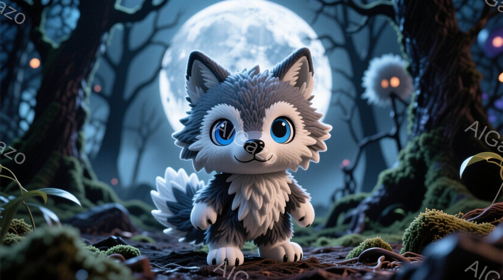 可愛らしい子犬が、苔むした森の中に立っている。大きな青い瞳と、少し微笑んだ表情が印象的で、ふさふさの灰色の毛並みが愛らしい。背景には満月が輝き、ぼんやりと光る妖精のようなものが点在し、幻想的な雰囲気を醸し出している。