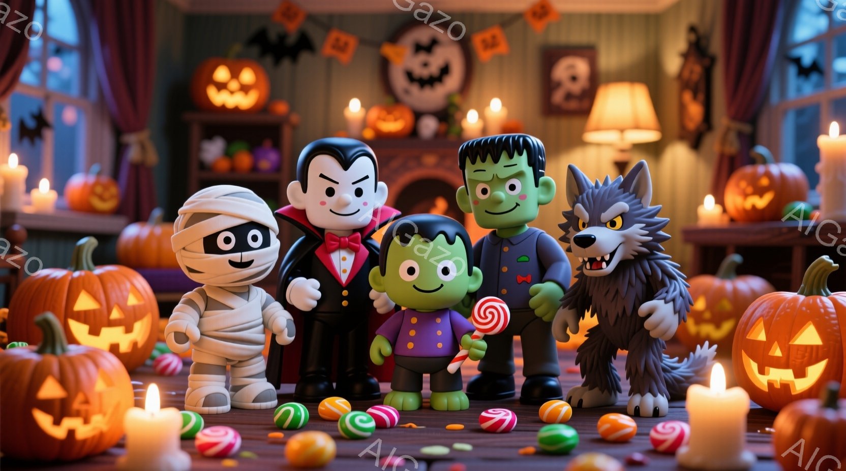 ハロウィーンのキャラクターたちが可愛らしい姿で並んでいます。吸血鬼は黒いスーツに赤い蝶ネクタイ、ミイラは包帯で覆われ、フランケンシュタインは緑色の肌にボルトが刺さり、狼男は毛むくじゃらの姿で、それぞれ - AI生成フリー素材