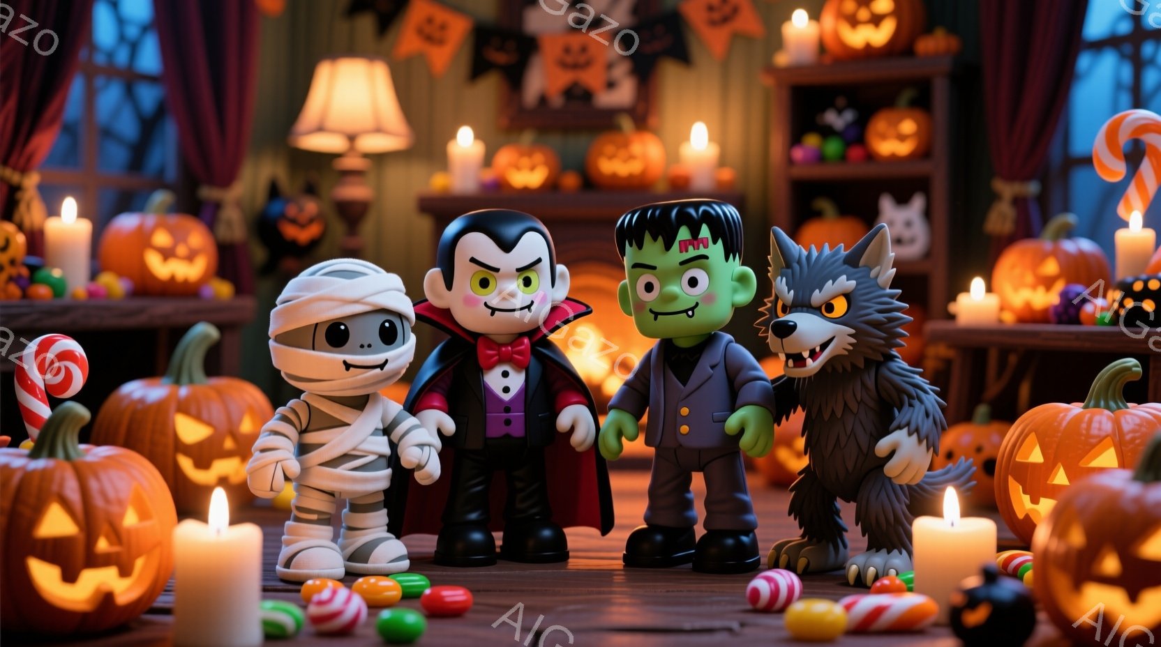 ハロウィーンの装飾が施された部屋の中に、ミイラ、ドラキュラ、フランケンシュタイン、狼男の小さな人形たちが並んでいます。彼らはそれぞれハロウィーンらしい衣装を身につけ、明るい表情で楽しんでいるようです。 - AI生成フリー素材