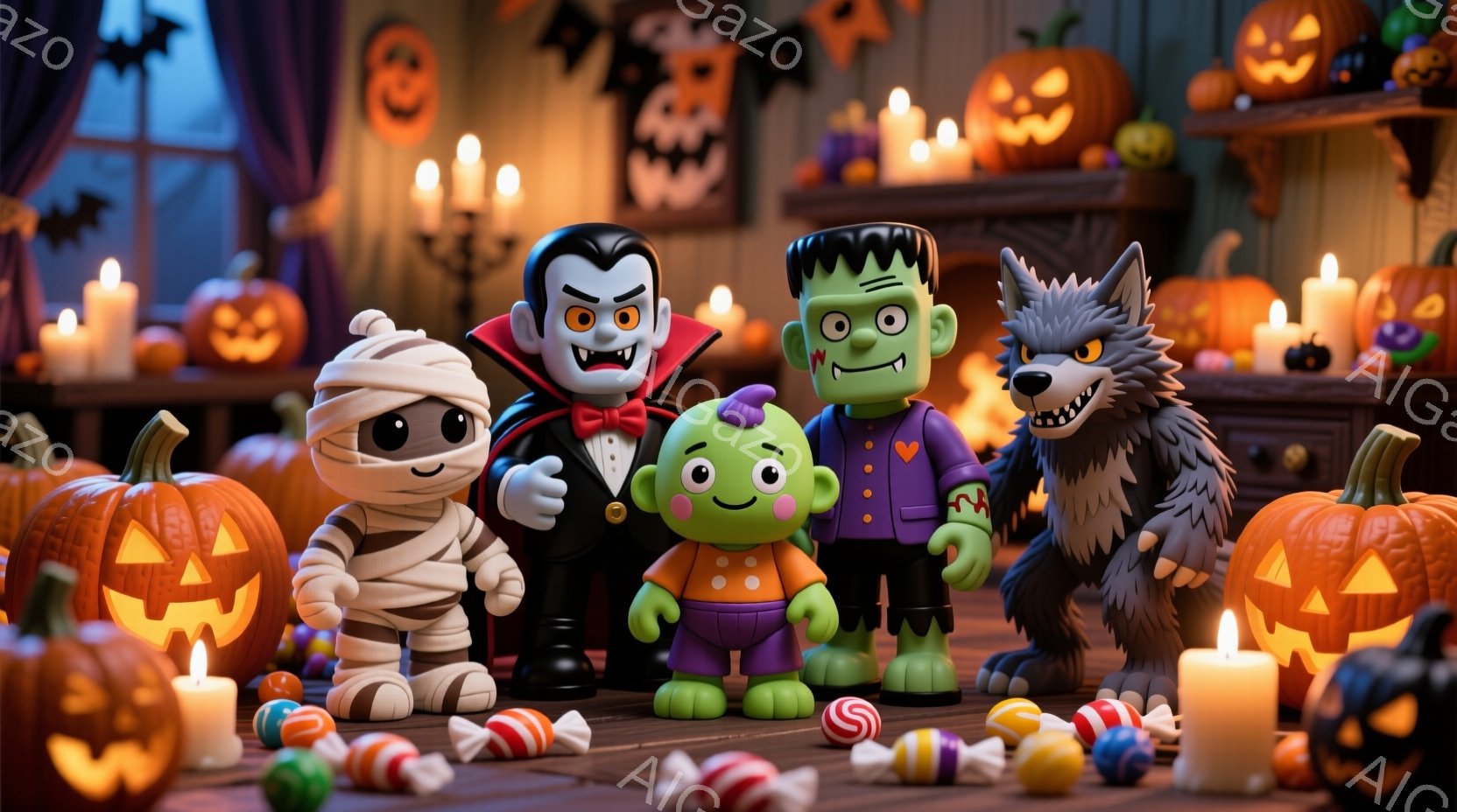 ハロウィーンのキャラクターが、オレンジ色のカボチャやキャンディーに囲まれて並んでいます。吸血鬼は黒い髪とタキシード、包帯でぐるぐる巻きのミイラ、緑色の肌のフランケンシュタイン、そしてオオカミ男がそれぞ - AI生成フリー素材