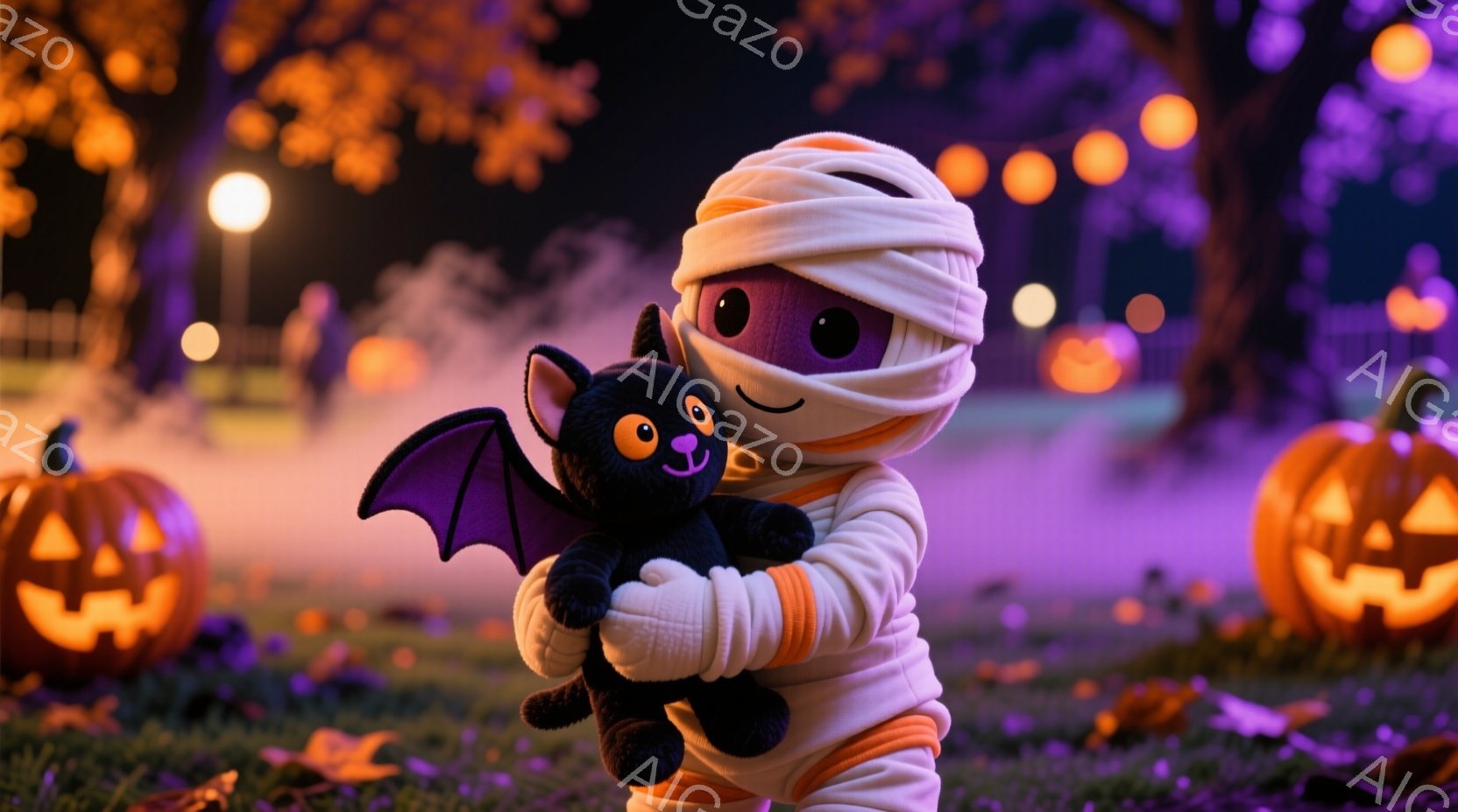 ハロウィーンの夜、フランケンシュタイン、ミイラ、狼男、そしてその他のモンスターたちが、住宅街の路上を走り去っています。彼らは皆、ハロウィーンらしいカラフルでコミカルな衣装を身に着け、表情豊かに楽しそう - AI生成フリー素材