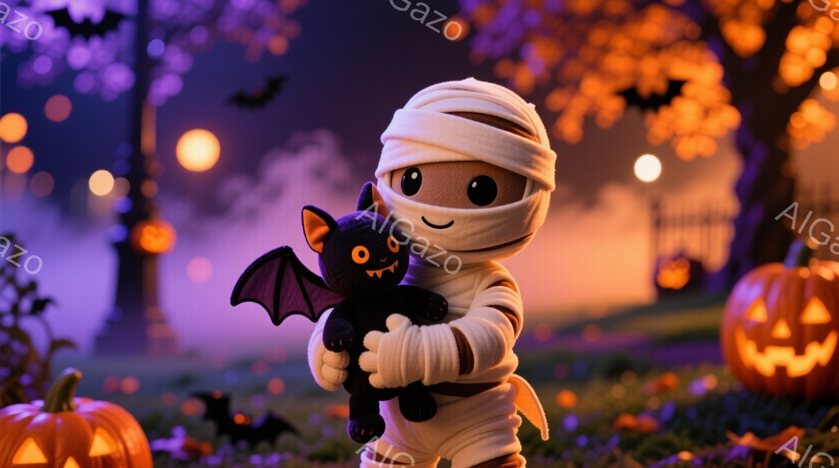 ミイラのような衣装を着た小さな子供が、黒いコウモリのぬいぐるみを抱きしめています。背景には、ハロウィーンの飾りであるジャック・オ・ランタンや、夜空を舞うコウモリ、そして紫がかった暗い庭園が広がっていま - AI生成フリー素材