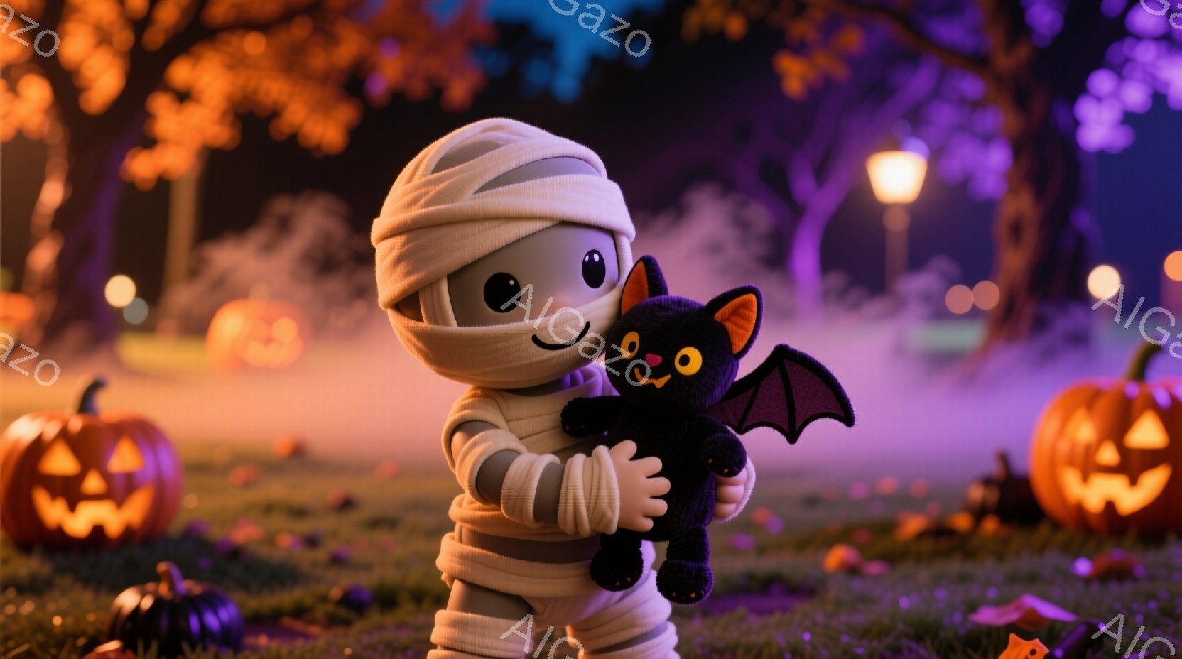 幽霊のようなミイラの衣装を着た小さなキャラクターが、黒いコウモリのぬいぐるみをお腹に抱えています。背景には、明るく照らされたジャック・オー・ランタンが点在し、暗い緑の芝生とオレンジ色の落ち葉が広がって - AI生成フリー素材