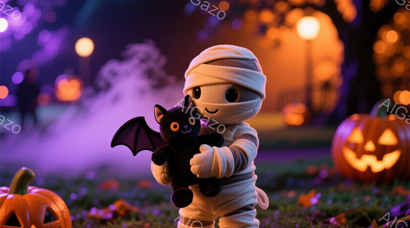 包帯でミイラのような衣装を身につけたかわいらしいキャラクターが、小さな黒いコウモリのぬいぐるみを抱きかかえています。背景には、ハロウィーンの飾りであるジャック・オー・ランタンや、霧に包まれた暗い公園の - AI生成フリー素材