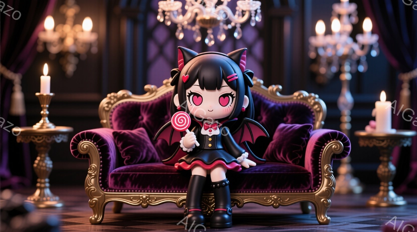 小さな女の子が豪華な紫色のベルベットのソファに座っています。彼女は黒いドレス、白い襟、黒いニーハイブーツを身に着け、頭には小さな角と黒いリボンで飾られた髪型をしています。彼女は棒付きキャンディーを持っており、嬉しそうな表情で正面を見つめています。