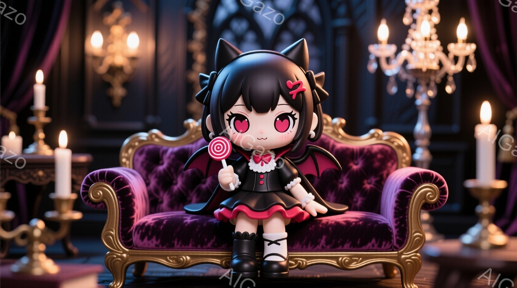 小さな女の子が、豪華な紫色のベルベットのソファに座っています。黒いドレスに赤いリボン、そして蝙蝠のような翼をつけており、大きな瞳と微笑みが印象的です。背景にはシャンデリアやキャンドルスタンドが置かれ、 - AI生成フリー素材