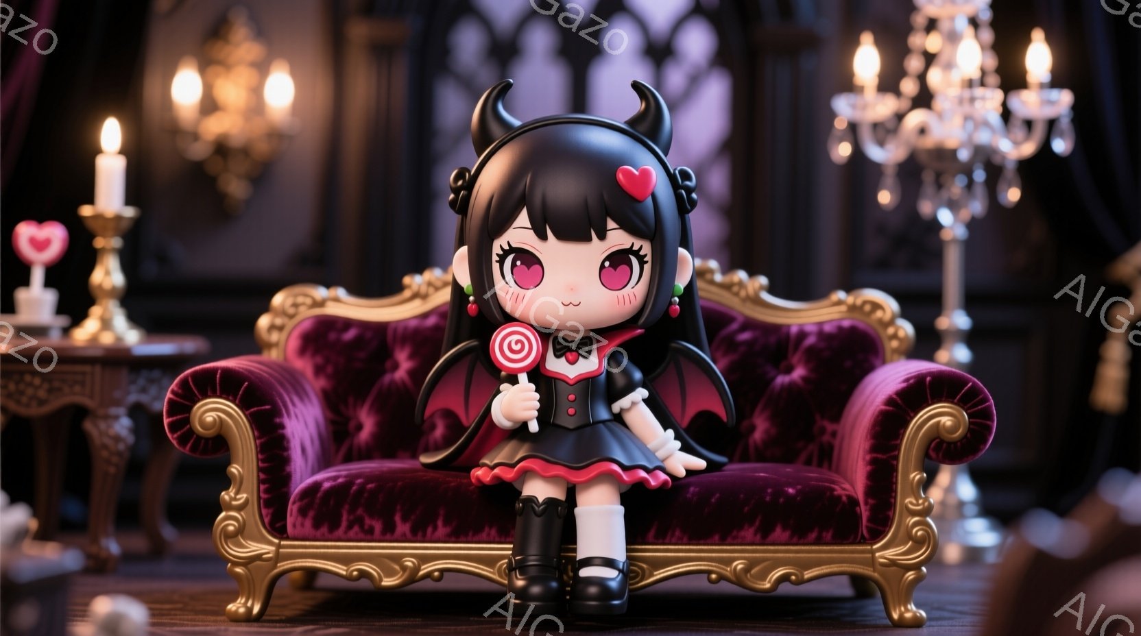 小さな女の子が、赤いベルベットの豪華なソファに座っています。彼女は黒いドレスに赤いリボン、そして小さな角と尻尾を生やした悪魔のような姿をしています。彼女はキャンディを持っていて、微笑んでおり、背景には - AI生成フリー素材
