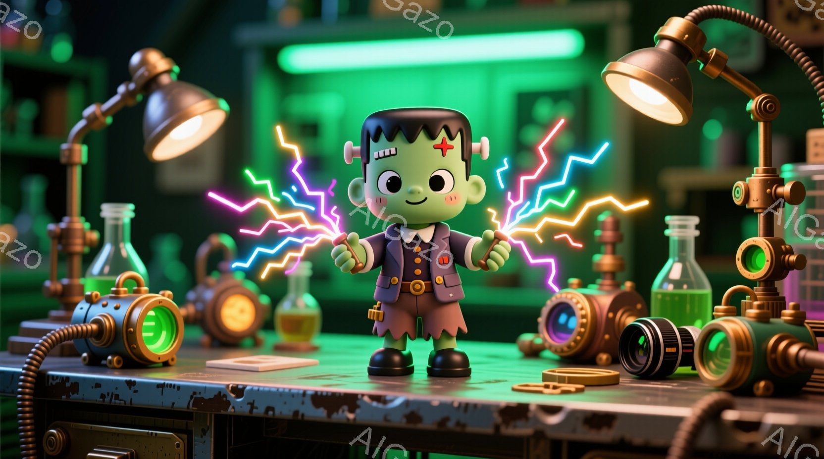 フランケンシュタイン風の小さなキャラクターが描かれています。緑色の肌に、黒い髪、そして明るい笑顔が特徴的で、フォーマルなスーツを着ています。背景には実験器具やフラスコが並び、どこかレトロで少し不気味な - AI生成フリー素材