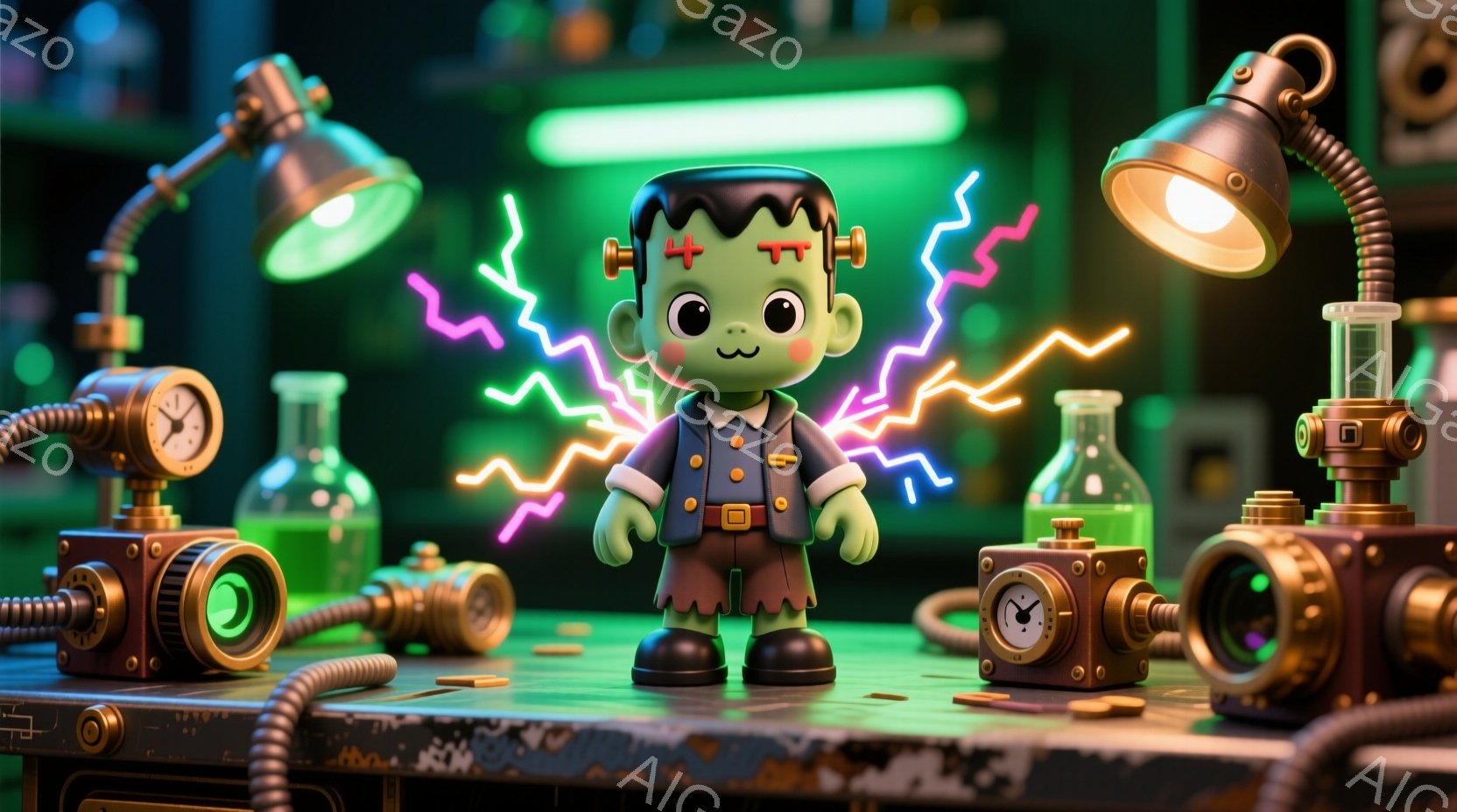 緑色の小さなフランケンシュタインのモンスターが、実験台の上に立っています。彼は黒いジャケット、白いシャツ、そして短い茶色の髪をしています。彼の周りには、試験管、機械的な装置、そして明るい紫色の稲妻が飛 - AI生成フリー素材