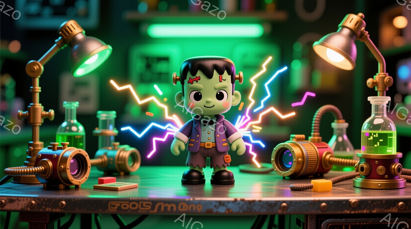 明るい緑色のフランケンシュタイン風のキャラクターが、実験台の上に立っている。黒い髪とスーツを着て、頬は赤く、顔は楽しげな表情を浮かべており、体からは稲妻のようなエネルギーが放出されている。背景には、試 - AI生成フリー素材