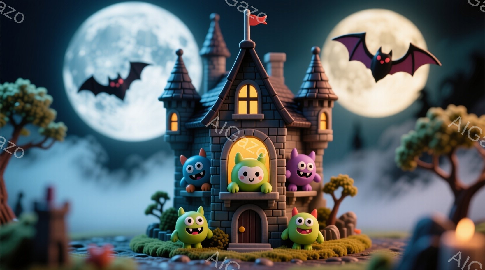 灰色の可愛らしいお城が、緑豊かな芝生の上に建っています。カラフルなモンスターたちが笑顔で城の周りに集まり、まるでハロウィンのパーティーを楽しんでいるかのようです。背景には満月が輝き、黒いコウモリが飛び - AI生成フリー素材