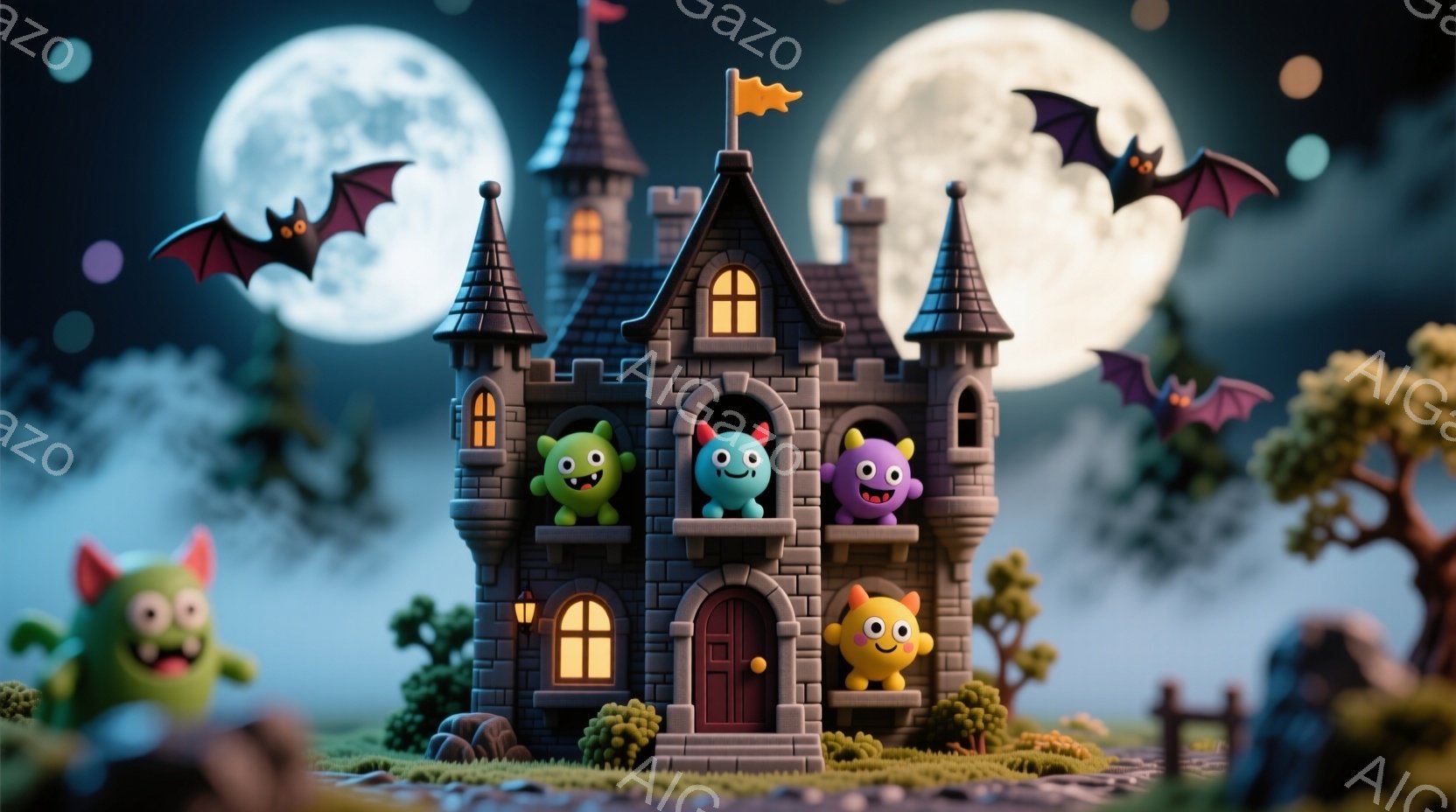 小さな城を中心に、様々な色のモンスターたちが可愛らしく配置されています。城は灰色で、オレンジ色のライトが灯っており、周囲には緑の茂みや暗い木々、そして墓石が見えます。夜空には満月が輝き、黒いコウモリが - AI生成フリー素材