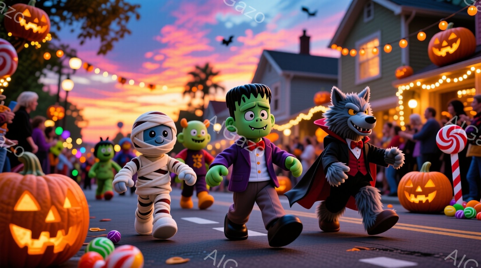 ハロウィーンの夜に、ミイラ、フランケンシュタイン、狼男のキャラクターたちが楽しそうに歩いている様子が描かれています。背景には、かぼちゃのランタンやキャンディーで飾られた通りと、夕焼け空が広がっており、 - AI生成フリー素材