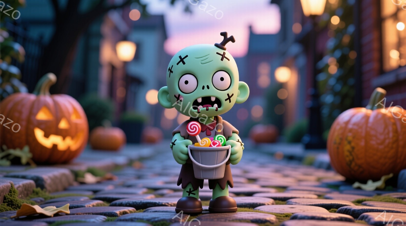 ハロウィーンの装飾が施された石畳の道に、小さなゾンビが立っている。緑色の肌に縫い目があり、オレンジ色の髪の毛に、お菓子が入ったバケツを持っている。背景には、ライトアップされたハロウィーンカボチャや、ぼ - AI生成フリー素材