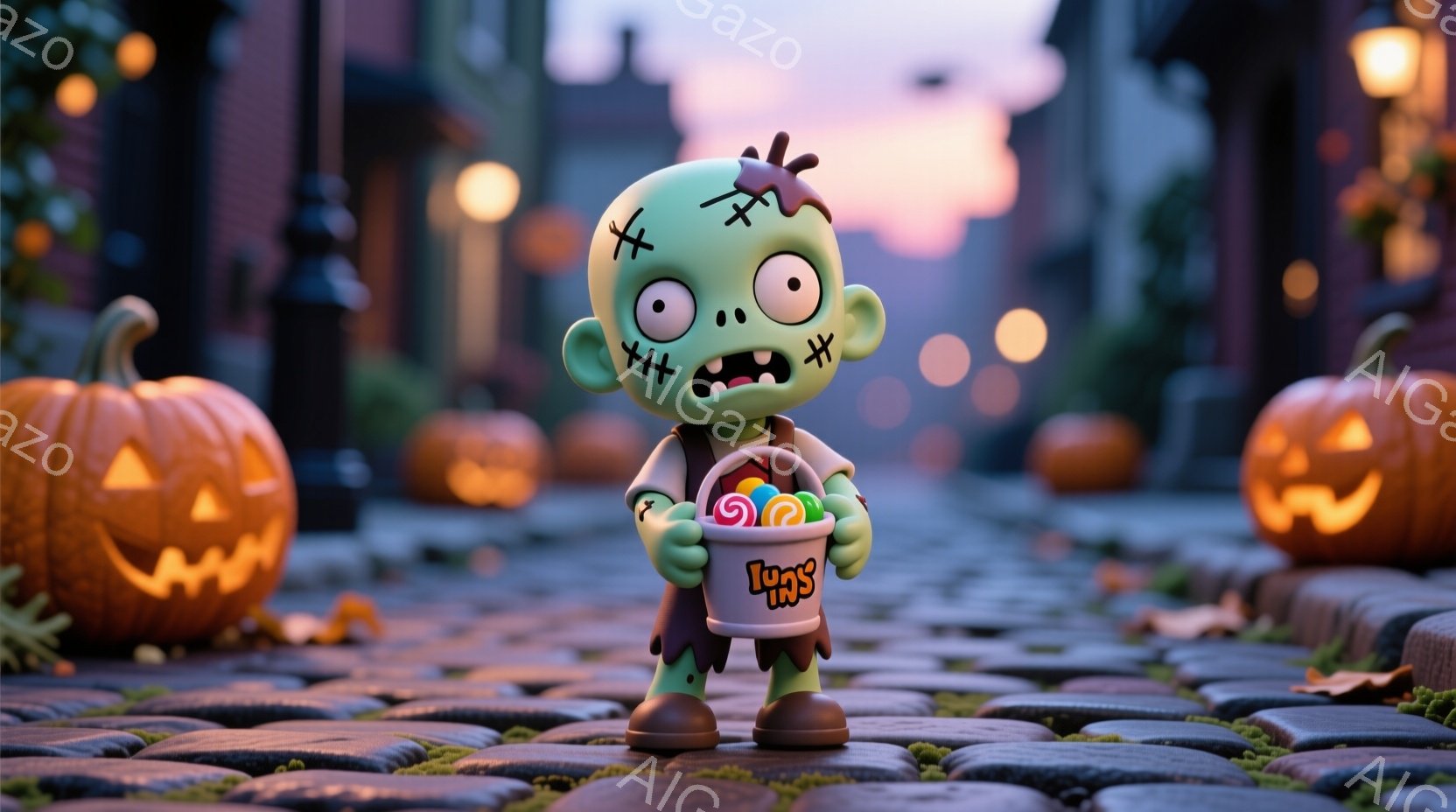 小さなゾンビが、かぼちゃのランタンに囲まれた石畳の道に立っている。緑色の肌に赤い頬、縫い目跡があり、バケツいっぱいのキャンディーを持って、少し不気味ながらも可愛らしい表情をしている。背景には暗い建物と - AI生成フリー素材