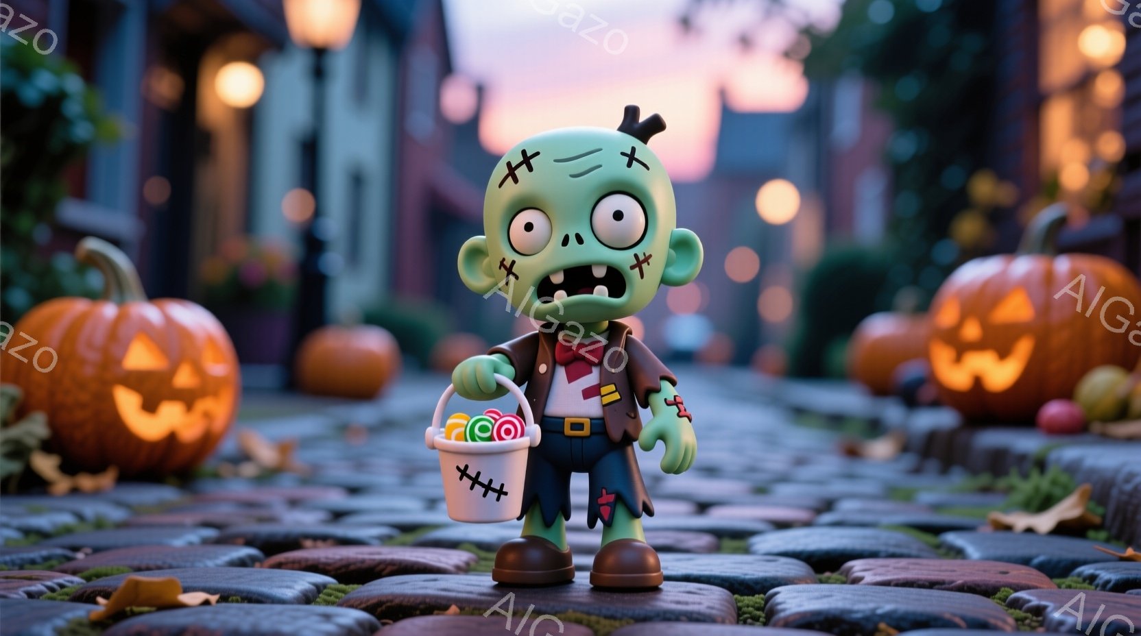 ゾンビ風の緑色のキャラクターが、トリック・オア・トリート用のバケツを持って立っています。特徴としては、ミイラの包帯のような傷跡、赤い蝶ネクタイ、そして愉快な笑顔が挙げられます。背景には、ジャック・オー・ランタンが並び、レンガ造りの道と薄暗い建物が広がっており、ハロウィーンの夜らしい雰囲気を醸し出しています。