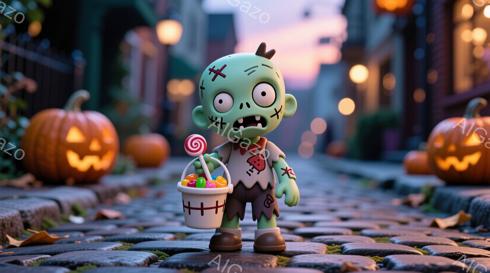 不気味だけど可愛いゾンビが、ハロウィーンのキャンディーが入ったバケツを持って立っています。そのゾンビは緑色の肌で、縫い目や傷跡があり、頭には小さな角が生えています。背景には、ハロウィーンのランタンで飾 - AI生成フリー素材