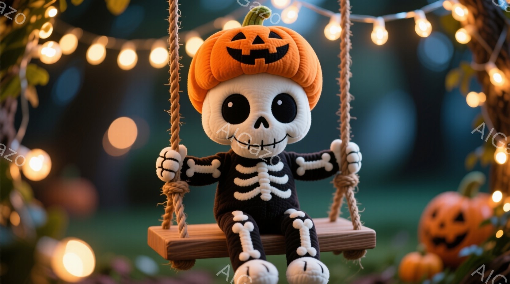 かぼちゃの頭をした小さなスケルトンのおもちゃが、木のブランコに座って楽しんでいます。黒い骸骨模様の衣装を着て、楽しそうな表情をしています。背景には、ぼやけた庭と、ハロウィーンを彩るように飾られたカボチャと光のストリングライトが見えます。
