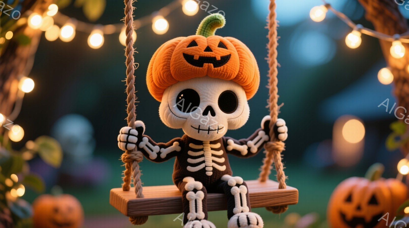 不気味ながらも可愛らしいガイコツのキャラクターが、カボチャの頭を載せてブランコに乗っている。ガイコツの体は黒いニットのような素材で覆われ、手足の関節部分が強調されている。背景にはぼやけた緑色の植物と、ハロウィーンの飾りである複数のカボチャが配置され、暖かく幻想的な雰囲気を醸し出している。