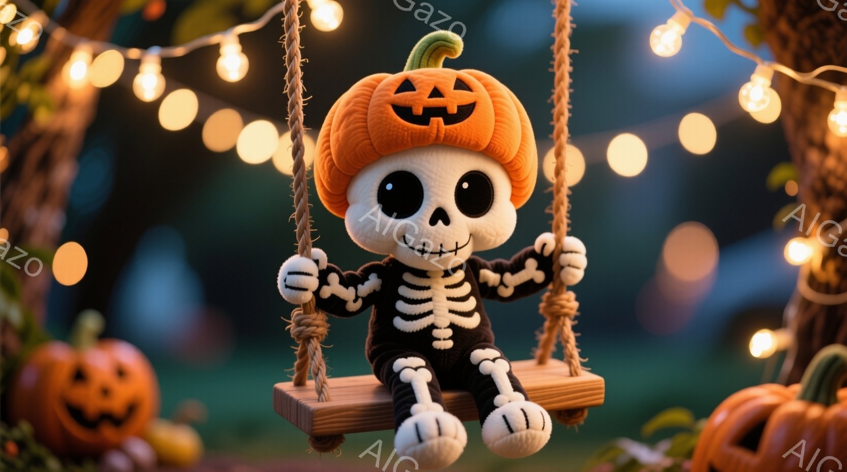鮮やかなオレンジ色の背景に、ハロウィーンの装飾が施された可愛らしいスケルトンのおもちゃがブランコに乗っています。スケルトンは黒い服を着て、頭にはジャック・オ・ランタンの帽子をかぶっており、丸い目で微笑んでいます。背景には、さらに多くのジャック・オ・ランタンと、暖かい光を放つぼやけた照明が散りばめられ、お祝いの雰囲気を醸し出しています。
