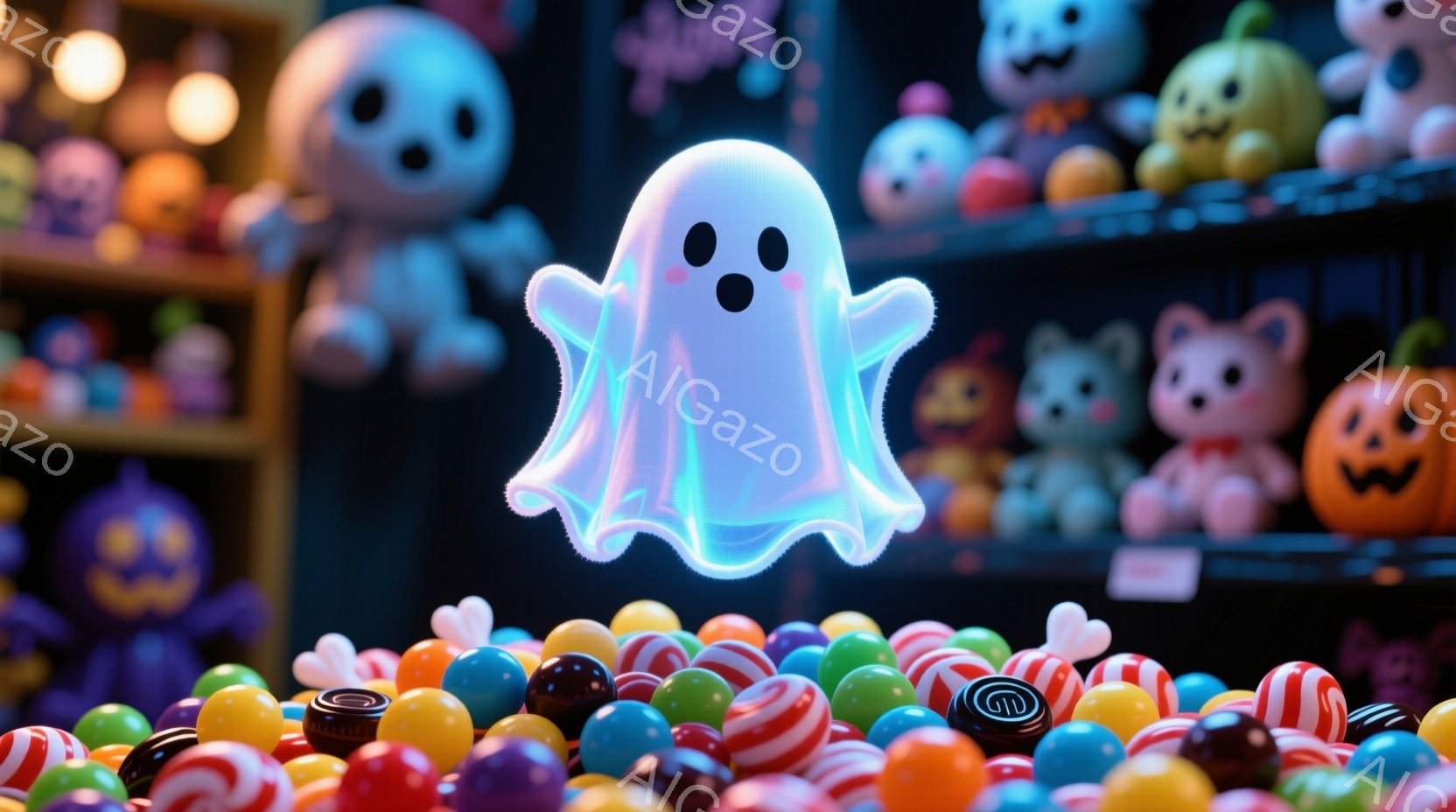 白く光る可愛らしい幽霊が、色とりどりのキャンディーの海の上に浮かんでいます。背景には、さまざまな表情をしたカボチャや可愛らしいお化けの置物が並び、お祭り気分を盛り上げています。全体的に明るくポップな色 - AI生成フリー素材