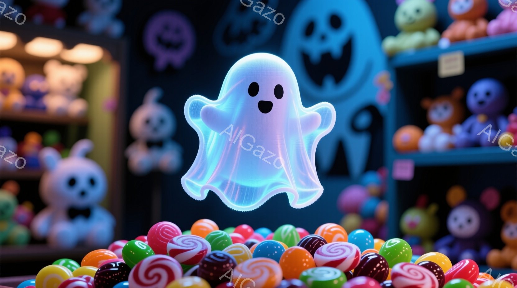 カラフルなキャンディーの山の上に浮かぶ、可愛らしい幽霊が描かれています。幽霊は丸みを帯びた形をしており、穏やかな表情を浮かべています。背景には、ハロウィーンをテーマにしたおもちゃや装飾が並び、楽しげな - AI生成フリー素材