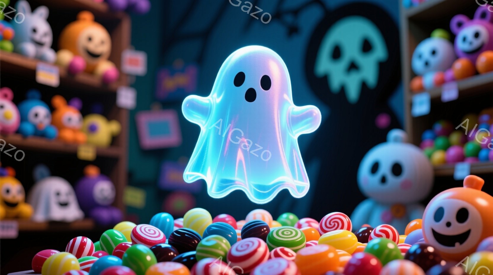 鮮やかなキャンディが敷き詰められた棚の上に、青白い光を放つ可愛らしいお化けが浮かんでいます。背景には、ハロウィーンを象徴するカボチャやお化けの置物が並び、お菓子屋さんのような空間が広がっています。全体的にポップでカラフルな雰囲気で、ハロウィーンの楽しさを表現しています。