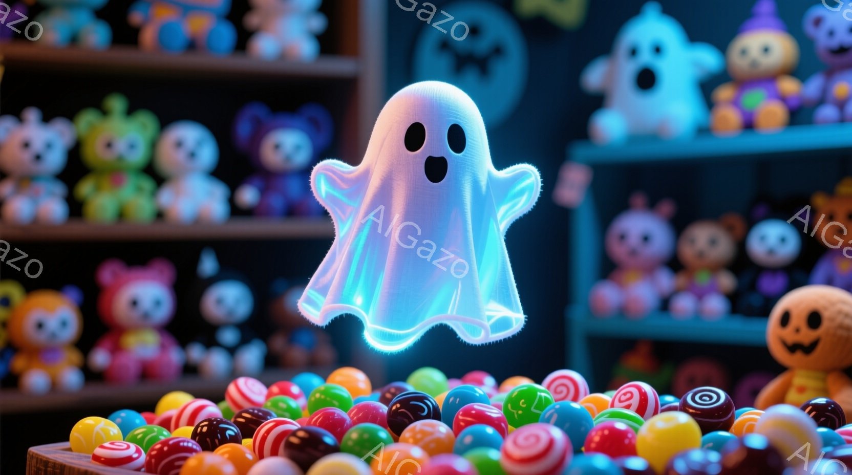 浮かんだ青白い幽霊が、カラフルなキャンディーの山の上に位置し、驚いた表情をしています。背景には、ハロウィーンをテーマにしたおもちゃや人形が並び、お祝いの雰囲気を醸し出しています。全体的に、明るく楽しい - AI生成フリー素材