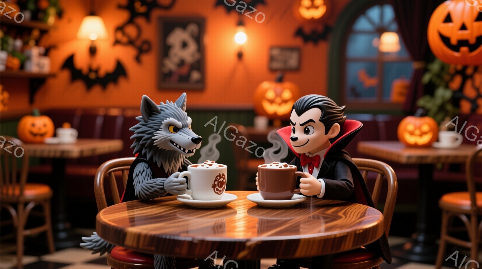 狼男と吸血鬼がカフェの丸テーブルでコーヒーを飲みながら向かい合って座っています。狼男は灰色の毛並みで、吸血鬼は黒いスーツに赤いネクタイ、整髪された髪が特徴的で、二人とも微笑んでいます。背景にはハロウィ - AI生成フリー素材