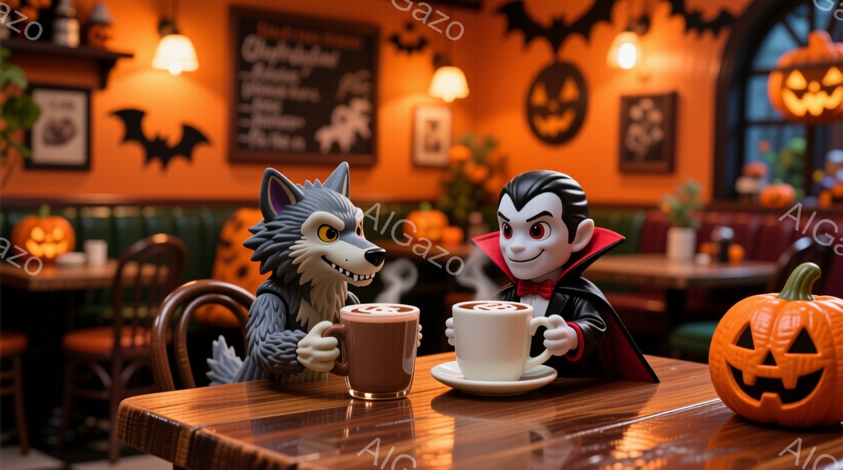 カフェのような場所でコーヒーを飲む狼男と吸血鬼の姿が描かれています。狼男は青い毛並みで、コーヒーカップを両手で持って楽しそうに微笑んでいます。背景にはハロウィーンの装飾が施され、オレンジ色のカボチャが - AI生成フリー素材