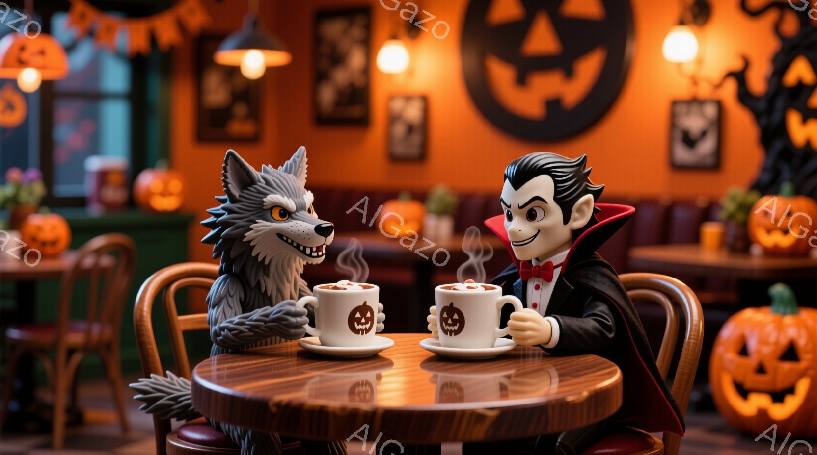 狼男と吸血鬼が、ハロウィーンをテーマにしたカフェのような場所で向かい合って座り、それぞれハロウィーンの顔が描かれたカップに入った温かい飲み物を楽しんでいます。狼男は毛むくじゃらの灰色の毛並みで、吸血鬼 - AI生成フリー素材